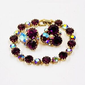 Weiss Signed Purple & AB Rhinestone Gold Tone Bracelet & Clip On Earrings Set